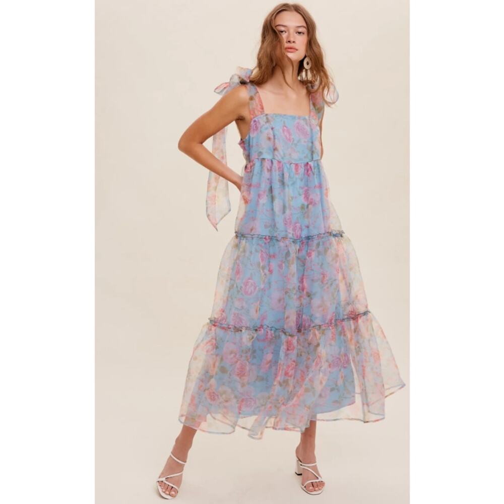 Listicle Blue and Pink Floral Tiered Midi Dress
